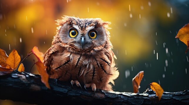 owl on a branch heading for the rain on a blurred background