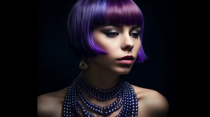 Naklejka na ściany i meble Fashion woman with purple hair. Generative AI