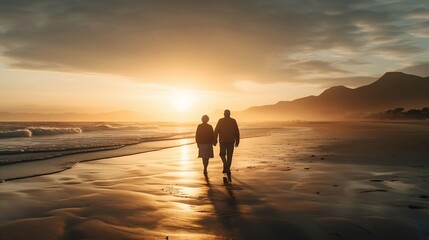 Fototapeta na wymiar Back view of Senior couple walking. Generative AI