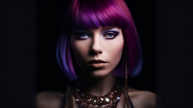 Fashion woman with purple hair. Generative AI
