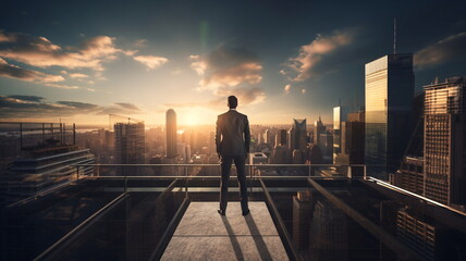man  stand on penthouse watching sunset on evening sky on city - obrazy, fototapety, plakaty
