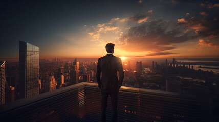 Fototapeta na wymiar man stand on penthouse watching sunset on evening sky on city