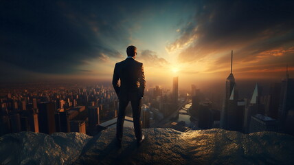 man  stand on penthouse watching sunset on evening sky on city