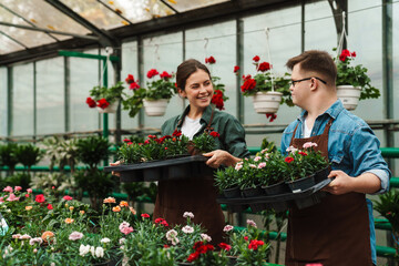 Woman florist and man with down syndrome taking care of flowers in greenhouse