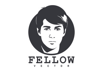 Vector black and white emblem or icon. The face of a handsome young man in a circle. Graphic portrait of a fellow. Isolated background.