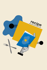 Vertical collage photo illustration of hand hold menu recipe textbook utensils create genius delicatessen food isolated on drawn background