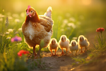 hen and chickens walking in the garden 