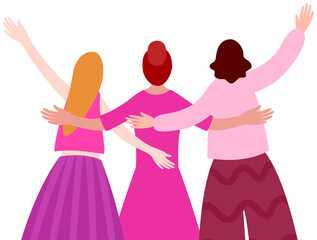 Group of ladies in pink cheering and hugging. Happy characters back view. Breast cancer awareness month. Illustration.