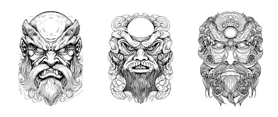 Portrait of the mythical divinities. Horror mask for coloring. Mystical and spooky characters created  with generative AI.