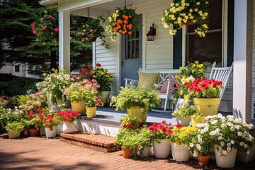 Fototapeta na wymiar flowers in pots on the front door of the house 
