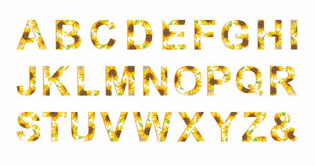 Collection Sunflowers Alphabet Set on white background. Letters of the alphabet carved from a pattern with sunflowers. Wedding, birthday, baby shower, any creative ideas.