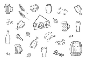 Beer doodle icons set. Vector illustration of Pub elements beer and snacks. Sketch drawing Oktoberfest or bar.