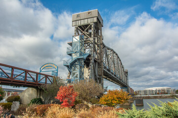 The historic Junction Bridge, the lift-span pedestrian bridge crossing the Arkansas River between downtown Little Rock and North Little Rock, Pulaski County, Arkansas, USA