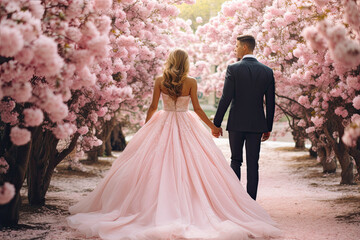 Bride and groom walking, wedding ceremony,  back view  - obrazy, fototapety, plakaty