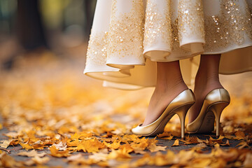 close up of a bride shoes and wedding dress walking in autumn park