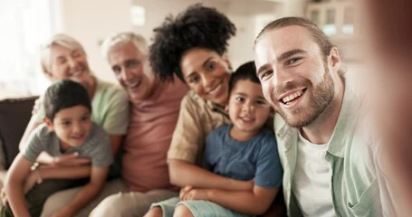 Selfie, happy and face of a big family in living room relaxing, bonding and spending time together. Smile, love and portrait of boy children sitting with interracial parents and grandparents at home. - Powered by Adobe