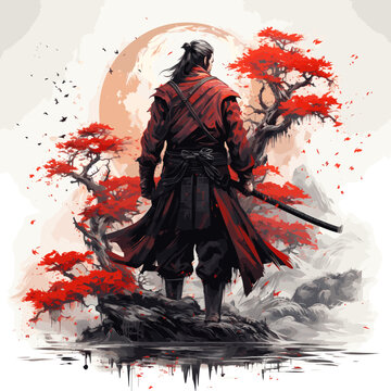 Print design samurai in armor near sakura, t-shirt vector illustration Japanese medieval warriors , ancient soldier