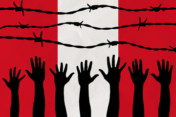 Peru flag behind barbed wire fence. Group of people hands. Freedom and propaganda concept