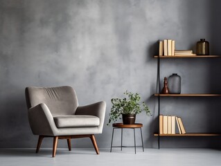 Interior design of modern living room with shelving unit near concrete wall and gray armchair near window generative ai