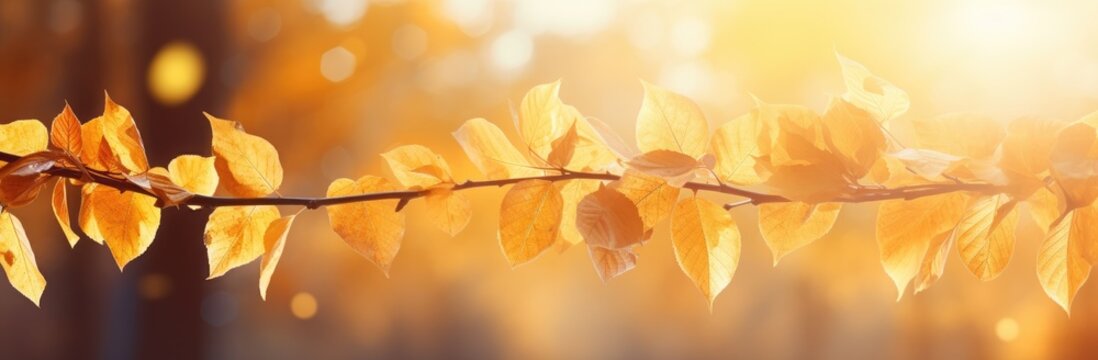 Horizontal image with golden sunny leaves. Generative AI