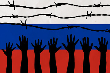 Russia flag behind barbed wire fence. Group of people hands. Freedom and propaganda concept