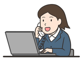 パソコンを使いながら電話対応する会社員の女性