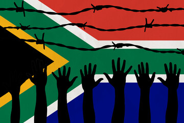 South Africa flag behind barbed wire fence. Group of people hands. Freedom and propaganda concept