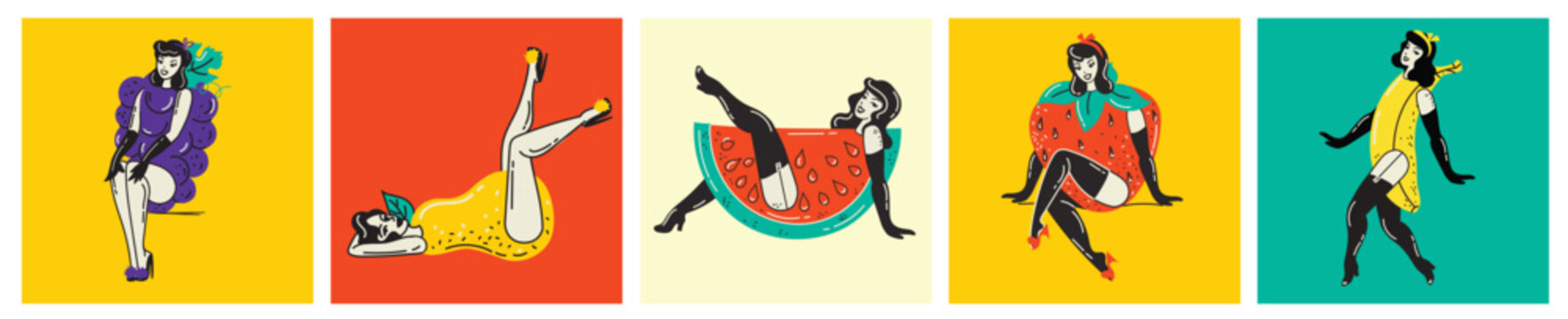 Beautiful young retro girls with fruits costume. Hot summer concept for advertising. Poster, sticker templates Vector background in in groovy pin-up pop art retro comic style.