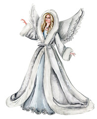Watercolor illustration of angel with wings. Watercolor hand drawn illustration for invitations, greeting cards, prints, packaging and more. Merry christmas and happy new year.