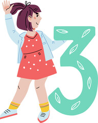 Child girl with figure 3 three. Child of preschool or kindergarten age learning numbers, counting and mathematics.