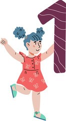 Child girl with figure 1 in hands. Child learning numbers, counting and mathematics.
