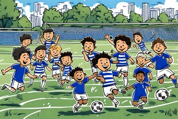 A cartoon of young kids playing soccer football.