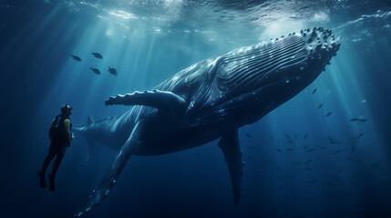 a humpback whale swimming under water with a man near the surface - obrazy, fototapety, plakaty