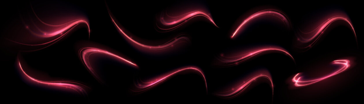 Red Glowing Shiny Lines Effect Vector Background. Luminous White Lines Of Speed. Light Glowing Effect. Light Trail Wave, Fire Path Trace Line And Incandescence Curve Twirl.