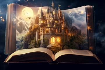 World book day, fantasy, and leisure concept. 3D style Illustration of magical book with fantasy stories inside it. Generative AI