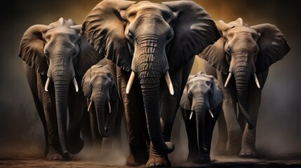 Fototapeta na wymiar A group of African elephants on a dark background