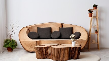 Round rustic loveseat sofa and stump side table near wall interior design of modern living room generative ai
