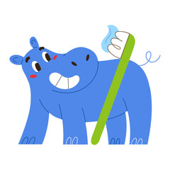 Smiley rhinoceros holds a tooth brush with tooth paste, funny cute rhino, cartoon character, oral hygiene illustrated for children, dental care, vector clipart isolated on white background