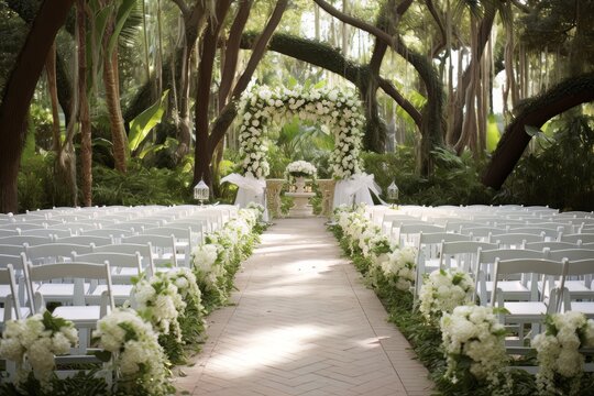 Enchanting Elegance Serene Outdoor Wedding Setting Amidst Lush Greenery AI Generated
