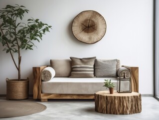 Round rustic loveseat sofa and stump side table near wall interior design of modern living room generative ai