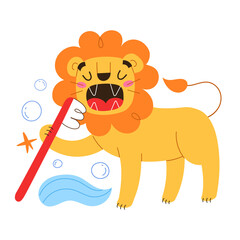 Cute lion brushing teeth with toothpaste, smiley cartoon character holding a toothbrush, oral hygiene illustration for kids, friendly mammal isolated on white background, children illustration