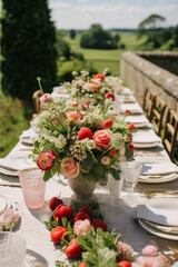 Country tablescape, formal dinner table setting, table scape with strawberry decoration for wedding party and holiday event celebration, generative ai