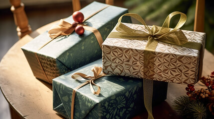Christmas gifts and presents, country cottage rustic style gift boxes for holiday, boxing day and holidays shopping, generative ai