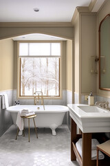 Naklejka na ściany i meble Country bathroom decor, interior design and home improvement, bathtub and bathroom furniture, country cottage style in winter, generative ai