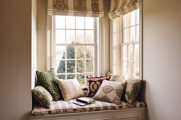 Window seat, interior design and comfort at home, reading nook with cushions and decor in a country house, English cottage style, generative ai - obrazy, fototapety, plakaty