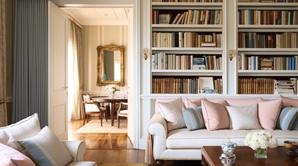 Home library decor, sitting room and interior design, white living room with sofa, bookcase and bookshelves in English country house and elegant cottage style, generative ai
