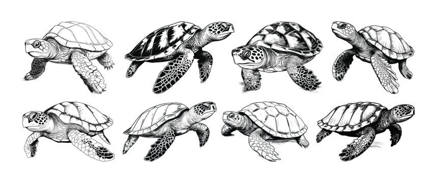 Hand drawn turtle set vector illustration