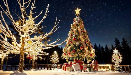 Outdoor Christmas Decorations and a Beautifully Decorated Christmas Tree ai generated