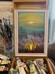 Oil painting on canvas Sunset on the pond. Author's artistic decorative acrylic painting for interior reeds on the lake landscape.