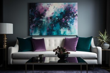 Modern living room with large abstract painting on the wall, Generative AI
